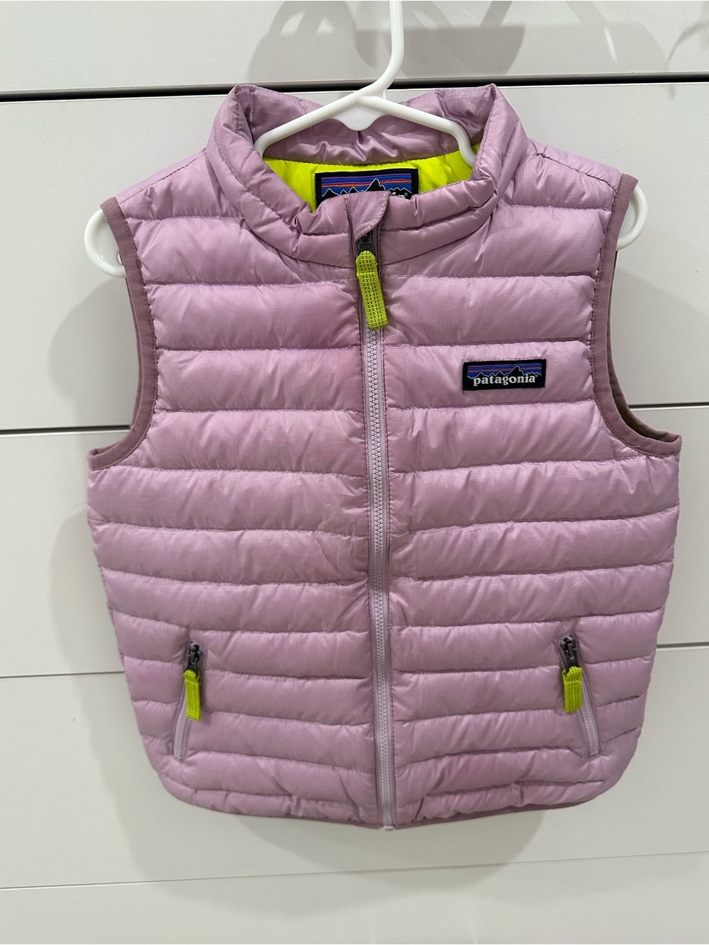 Patagonia Kids Light Purple Quilted Puffer Vest with Neon Yellow Accents Size 5T